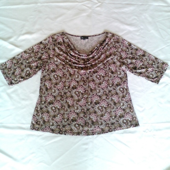 Floral Paisley Cowl Neck 3/4 Sleeve Draped Blouse IN Studios Stretchy 1X Pretty - Picture 2 of 7
